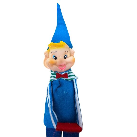 Vintage Knee Hugger Elf Figurine Blue Hat Striped Blond Scarf Christmas Decor - Picture 2 of 7